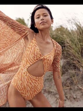 aerie Orange Patterned One-Piece Cutout Swimsuit